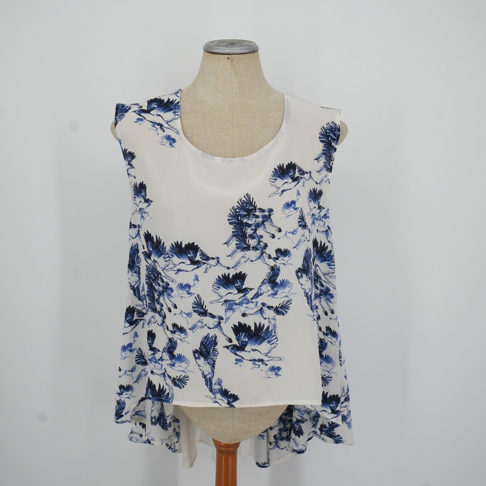The Odells Blouse Womens Small White Blue Bird Print Silk High-Low Sleeveless